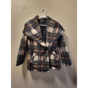 Ellen Reyes Womens SZ PS Brown Gray Plaid Fleece Shawl Collar Coat Soft Cozy